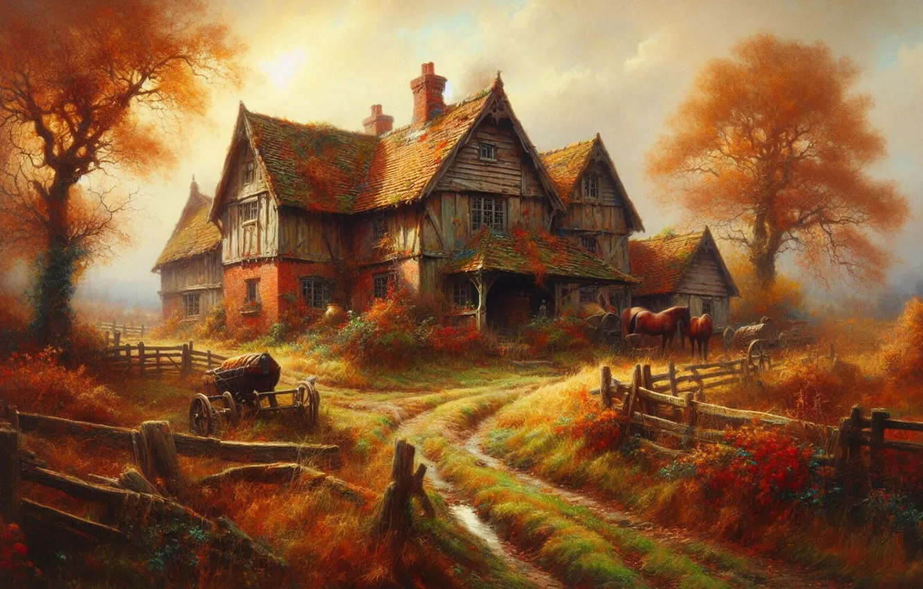 Photo wallpaper autumn, trees, home, village, house, hut, Terem, AI art