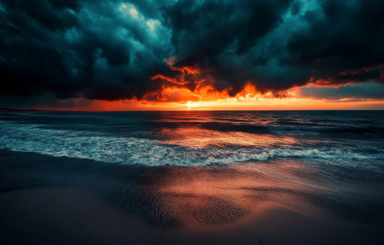 Photo wallpaper sand, wave, beach, sunset, clouds, storm, the ocean, horizon