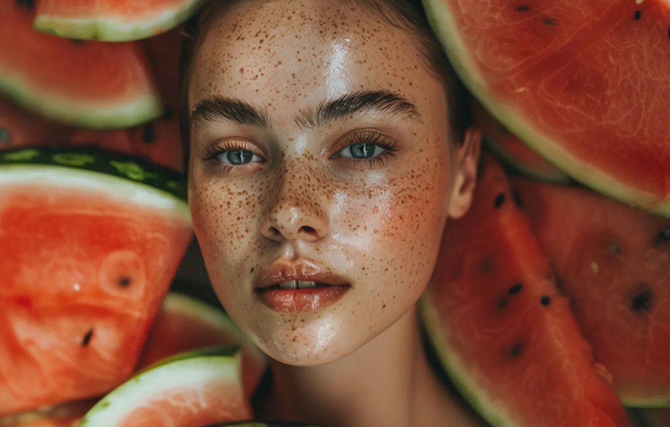 Photo wallpaper summer, look, girl, light, face, pose, portrait, watermelon