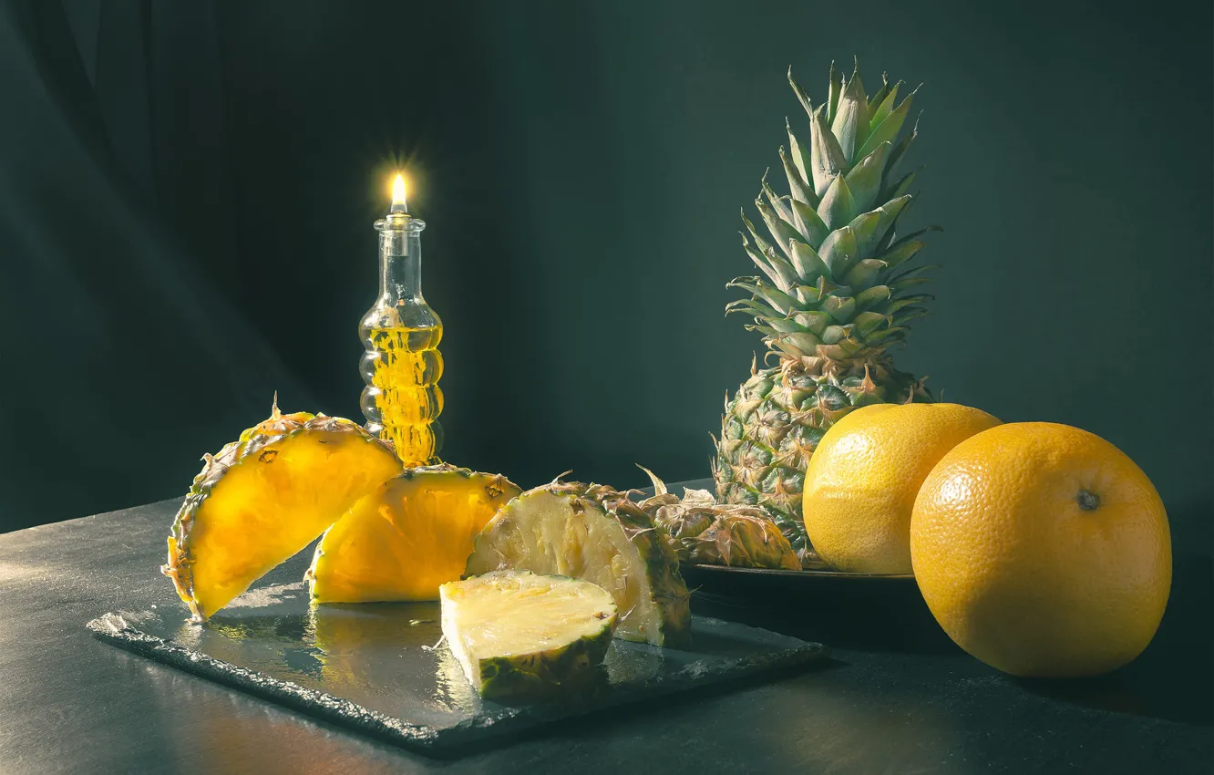 Photo wallpaper light, table, background, candles, lamp, pineapple, still life, stand
