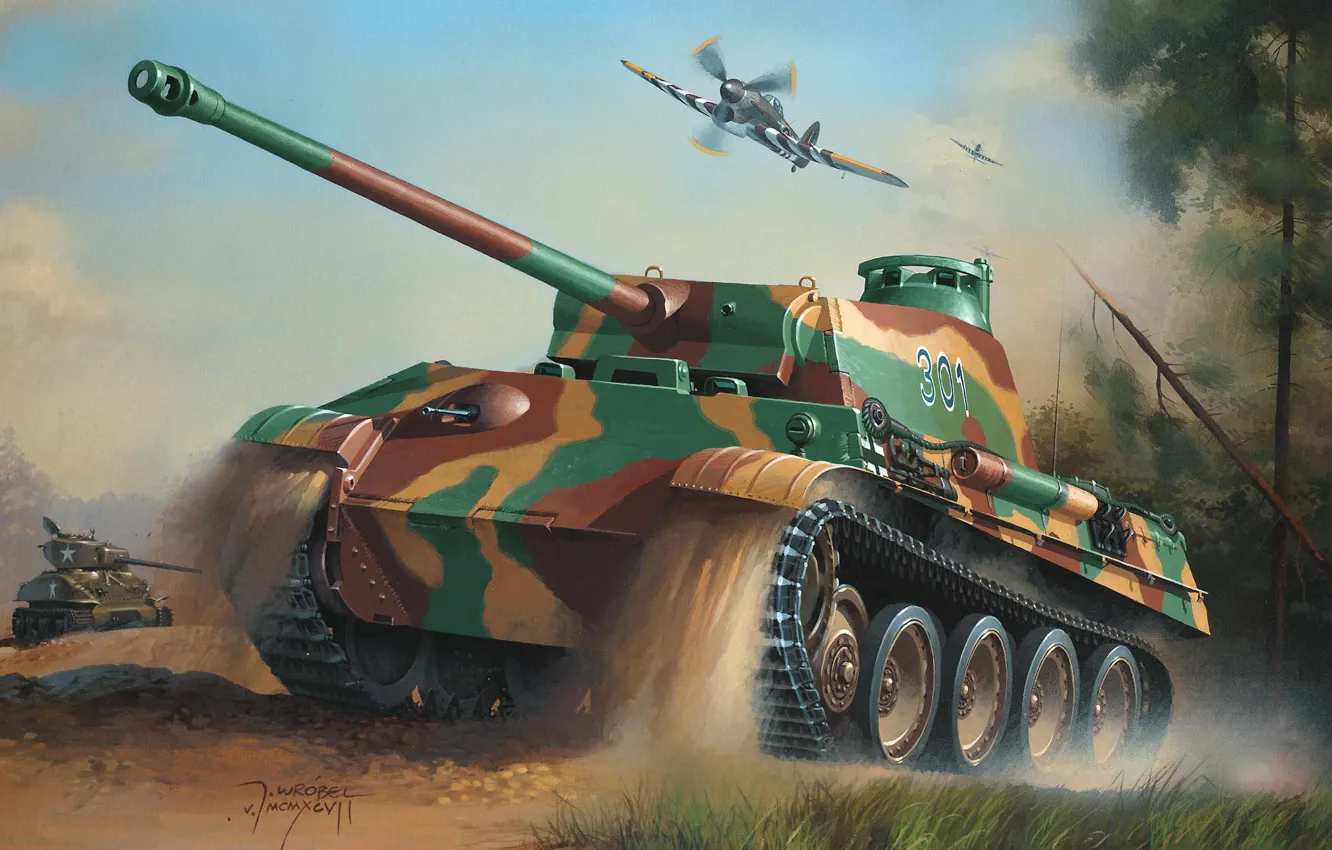 Photo wallpaper war, art, army, painting, drawing, ww2, the hawker tempest, geman tanks