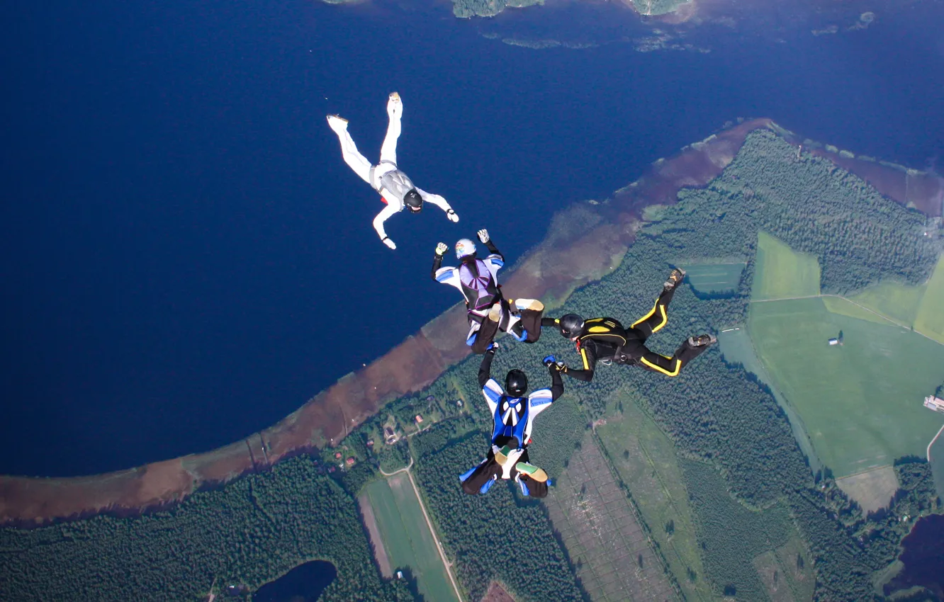 Photo wallpaper lake, home, parachute, container, helmet, skydivers, farm, extreme sports