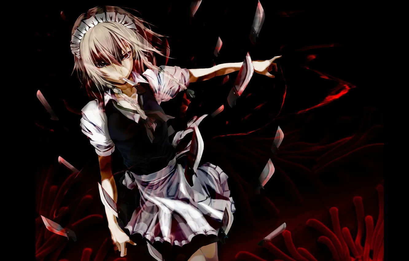 Photo wallpaper darkness, blood, knives, killer, touhou, Sakuya Izayoi