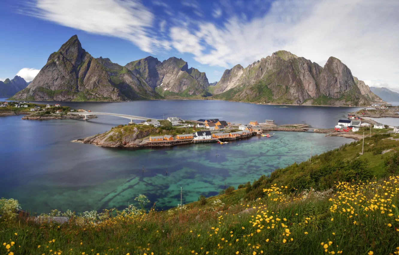 Photo wallpaper sea, landscape, mountains, rocks, coast, home, village, Norway