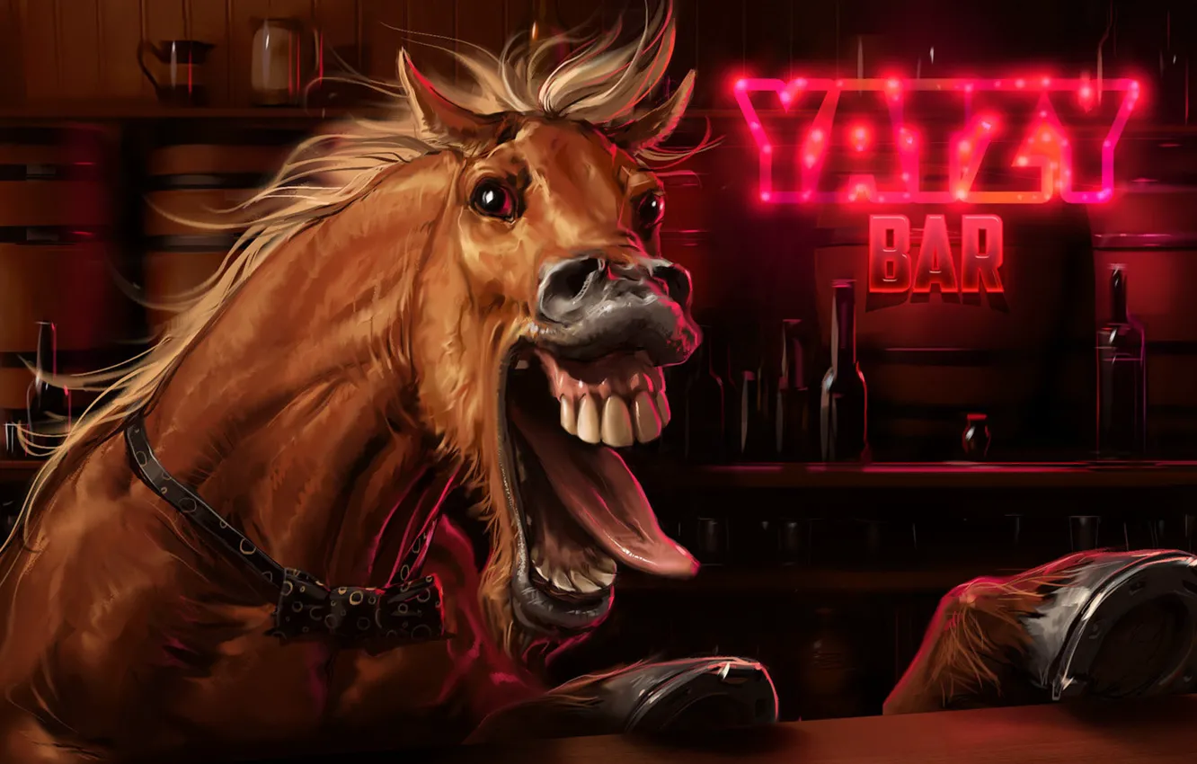 Photo wallpaper artwork, the horse in the bar, Screaming Horse, Sviatoslav Gerasimchuk