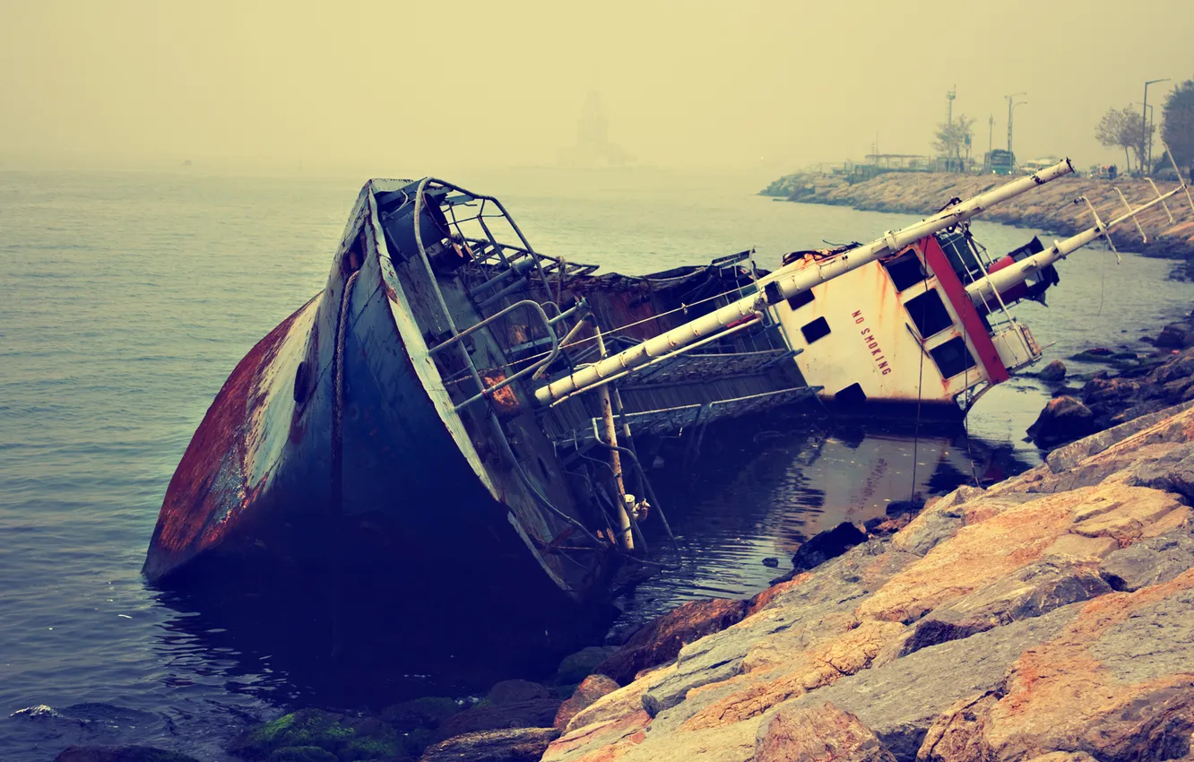 Photo wallpaper sea, water, rusty, shore, ship, old, lying