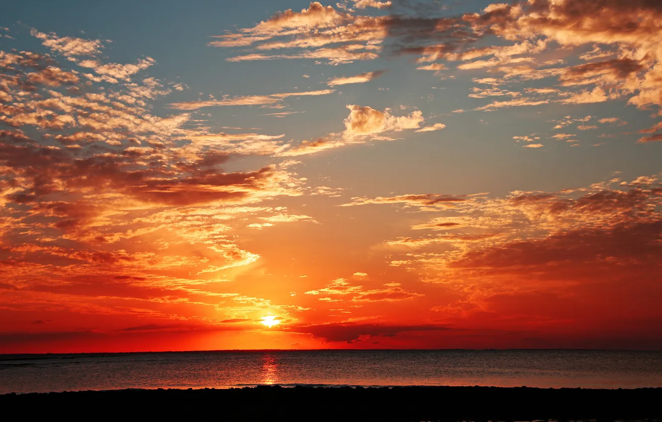 Photo wallpaper sea, the sun, clouds, sunset, horizon