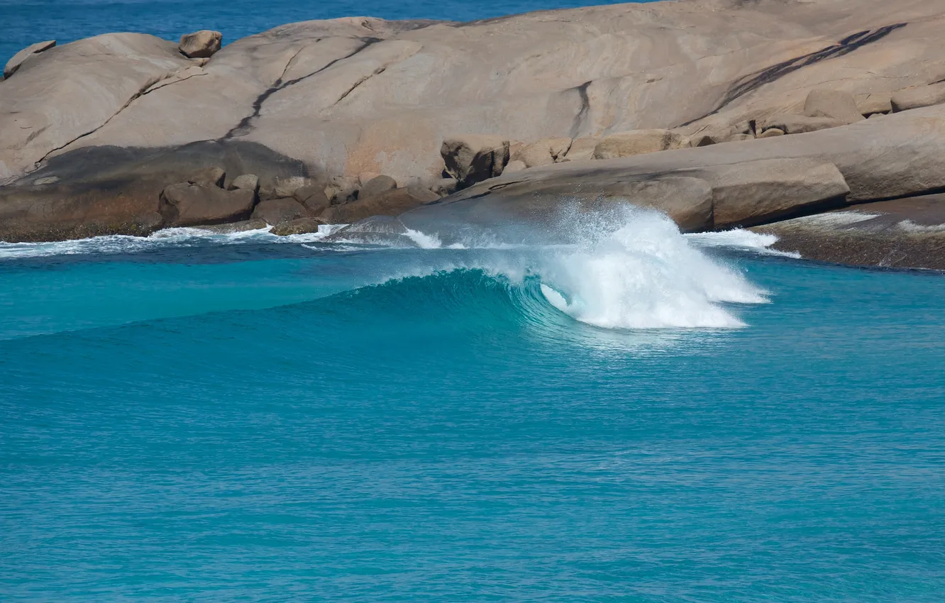 Photo wallpaper sea, wave, the sky, squirt, rocks