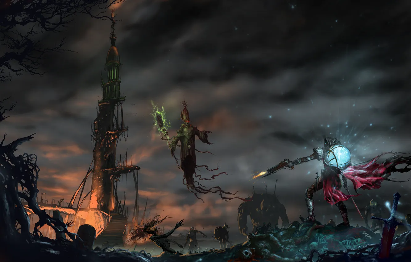 Photo wallpaper weapons, tower, shot, the remains, warrior, sphere, undead, necromancer