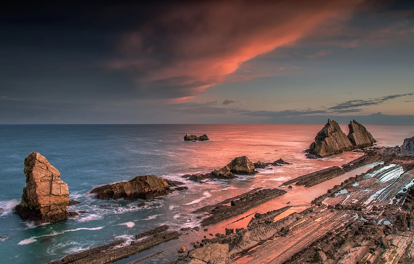 Photo wallpaper landscape, the ocean, rocks, dawn, horizon