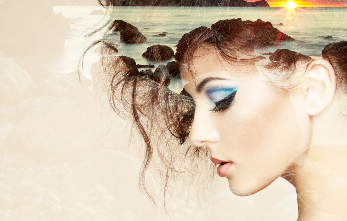 Photo wallpaper girl, sunset, makeup, Double exposure portrait