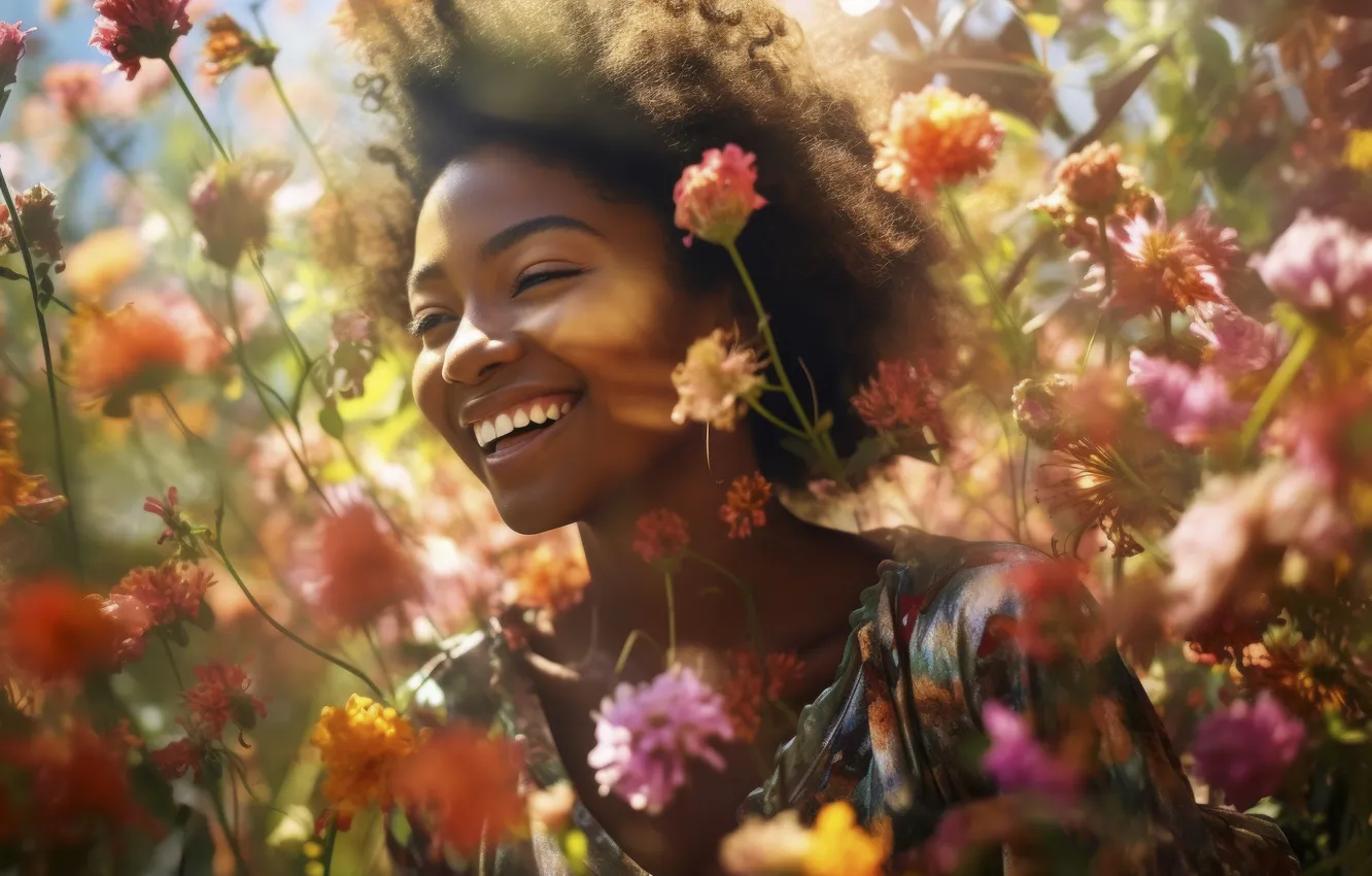 Photo wallpaper neural network, smile, girl, joy, flowers, digital art, black woman, AI art