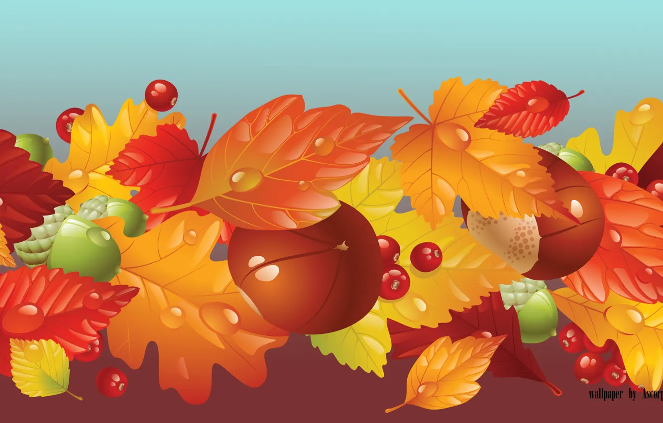 Photo wallpaper autumn, foliage, mushrooms, fall, acorns
