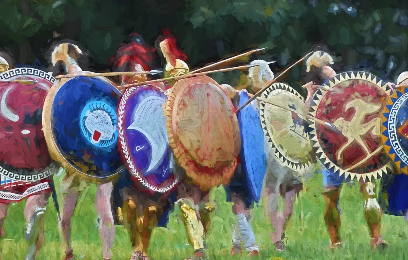 Photo wallpaper warriors, shields, Stroy, hoplites