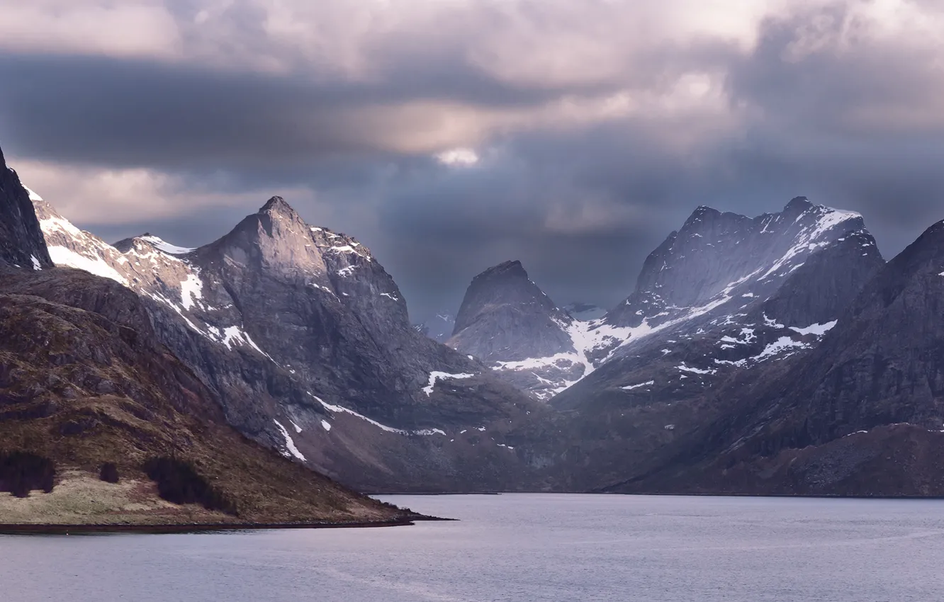 Photo wallpaper the sky, water, snow, mountains, clouds, nature, rocks, the fjord