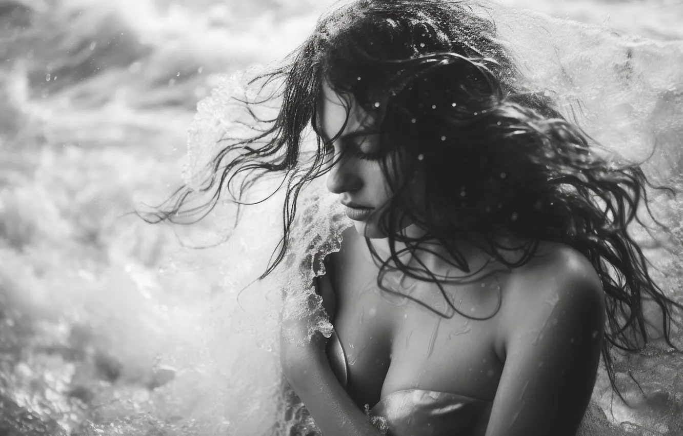 Photo wallpaper sea, chest, water, girl, bathing, black and white photo, AI art, neural network