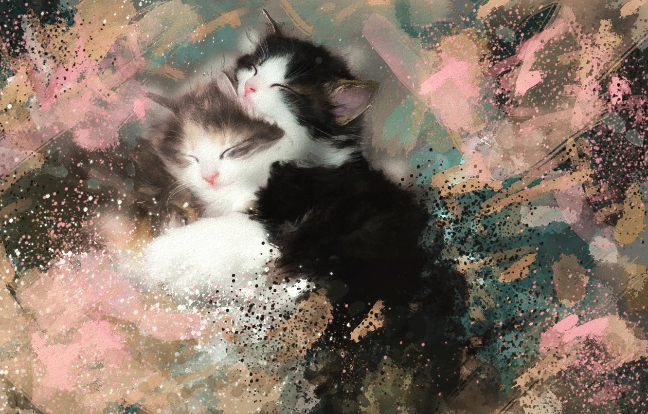 Photo wallpaper picture, fluffy, watercolor, sleeping, black and white, kitty, strokes, Wallpaper from lolita777