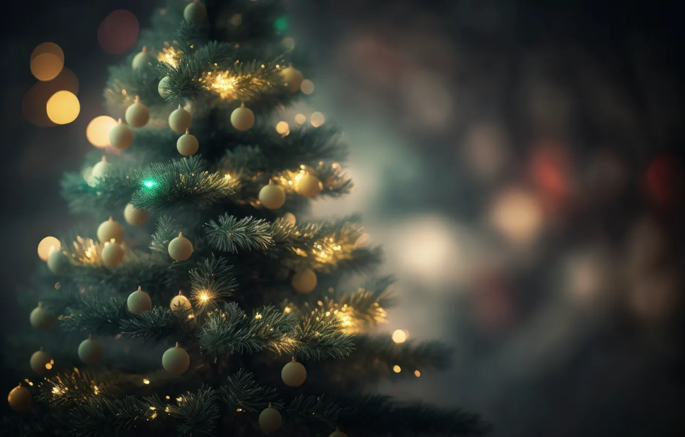 Photo wallpaper balls, light, yellow, lights, tree, new year, spruce, blur
