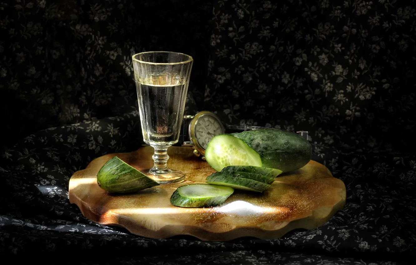 Photo wallpaper holiday, stack, vodka, cucumbers, salt, appetizer