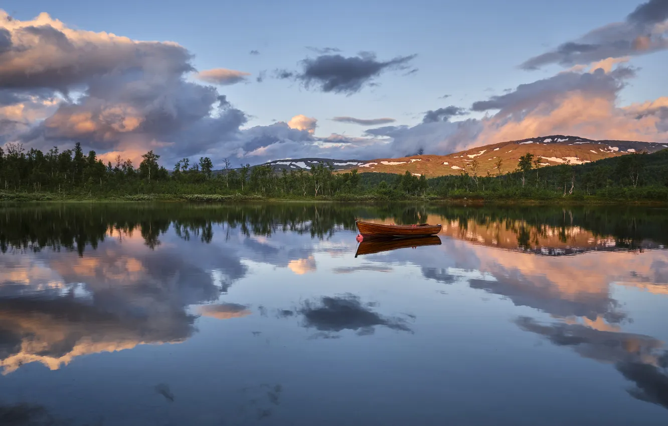 Photo wallpaper forest, clouds, mountains, lake, reflection, shore, boat