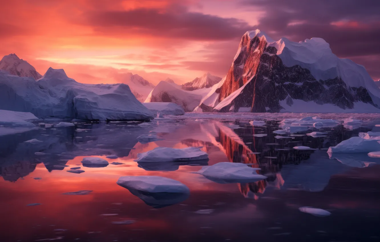 Photo wallpaper ice, the sky, clouds, landscape, sunset, mountains, nature, reflection
