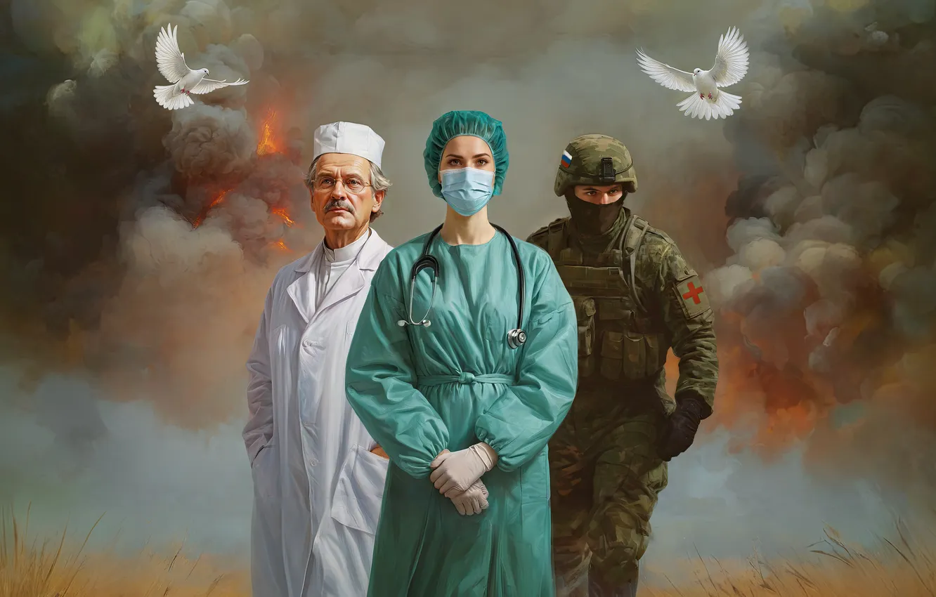 Photo wallpaper war, smoke, art, soldiers, pigeons, Russia, Ukraine, three