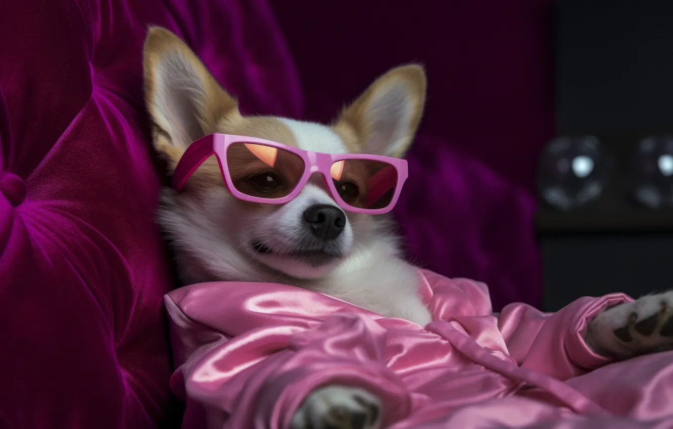 Photo wallpaper creative, dog, glasses, Bathrobe, digital art, AI art, The Art of Artificial Intelligence, neural network