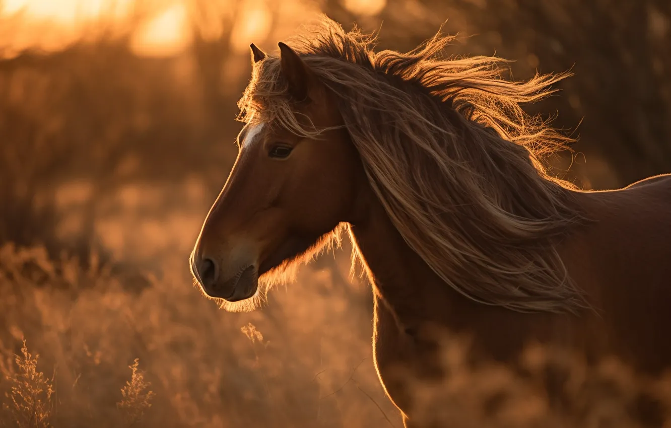 Photo wallpaper field, face, light, nature, horse, horse, portrait, mane