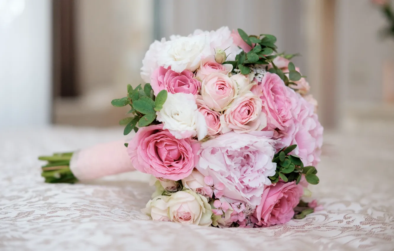 Photo wallpaper flowers, roses, bouquet, bed, gentle, pink, leaves, white