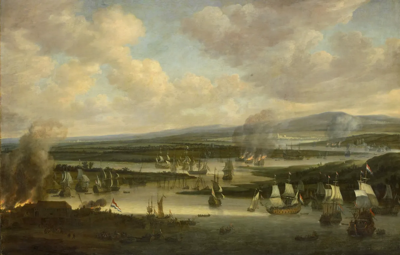 Photo wallpaper oil, picture, canvas, Willem Schellinks, The burning of the English Fleet in Chatham