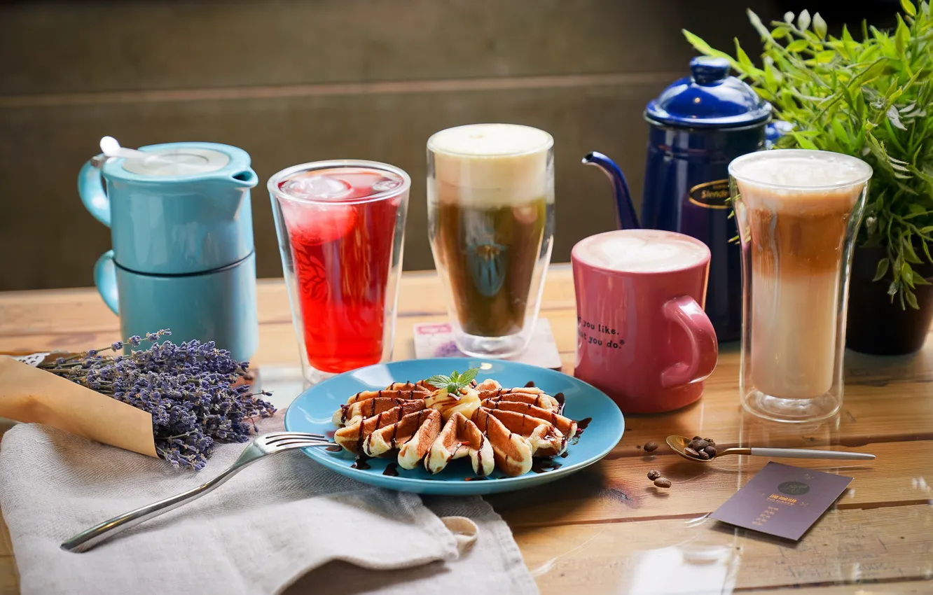 Photo wallpaper glass, coffee, juice, cakes, lavender