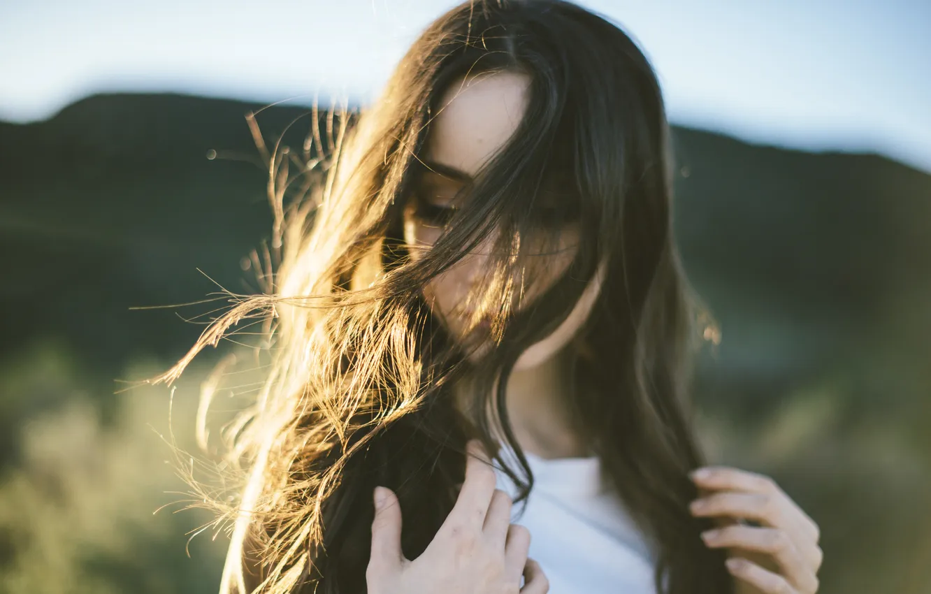 Photo wallpaper girl, the wind, portrait, brunette