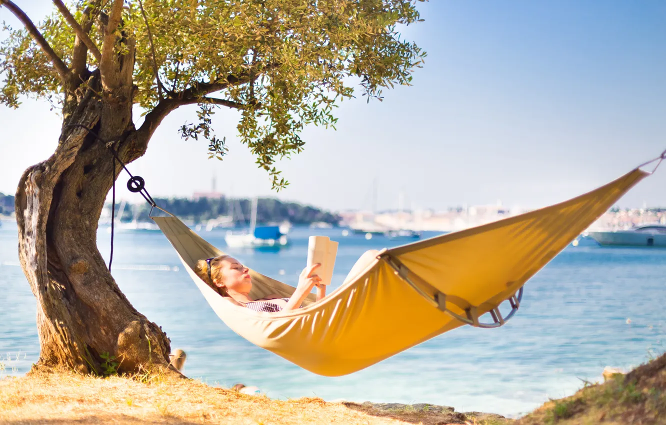 Photo wallpaper girl, trees, hammock, Bay, book