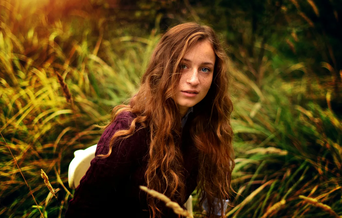 Photo wallpaper grass, girl, freckles, brown hair, gray-eyed