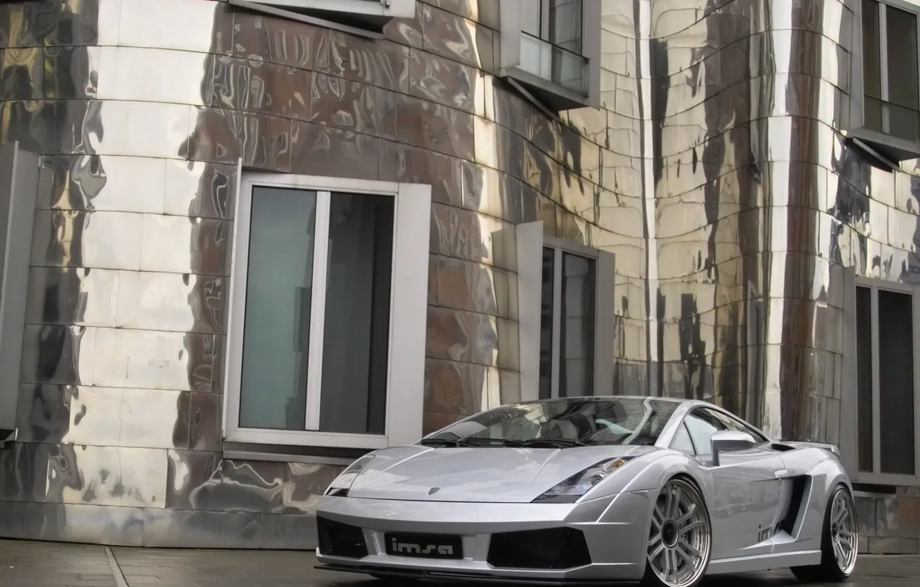 Photo wallpaper building, home, Lamborghini, silver, Gallardo, Lamborghini
