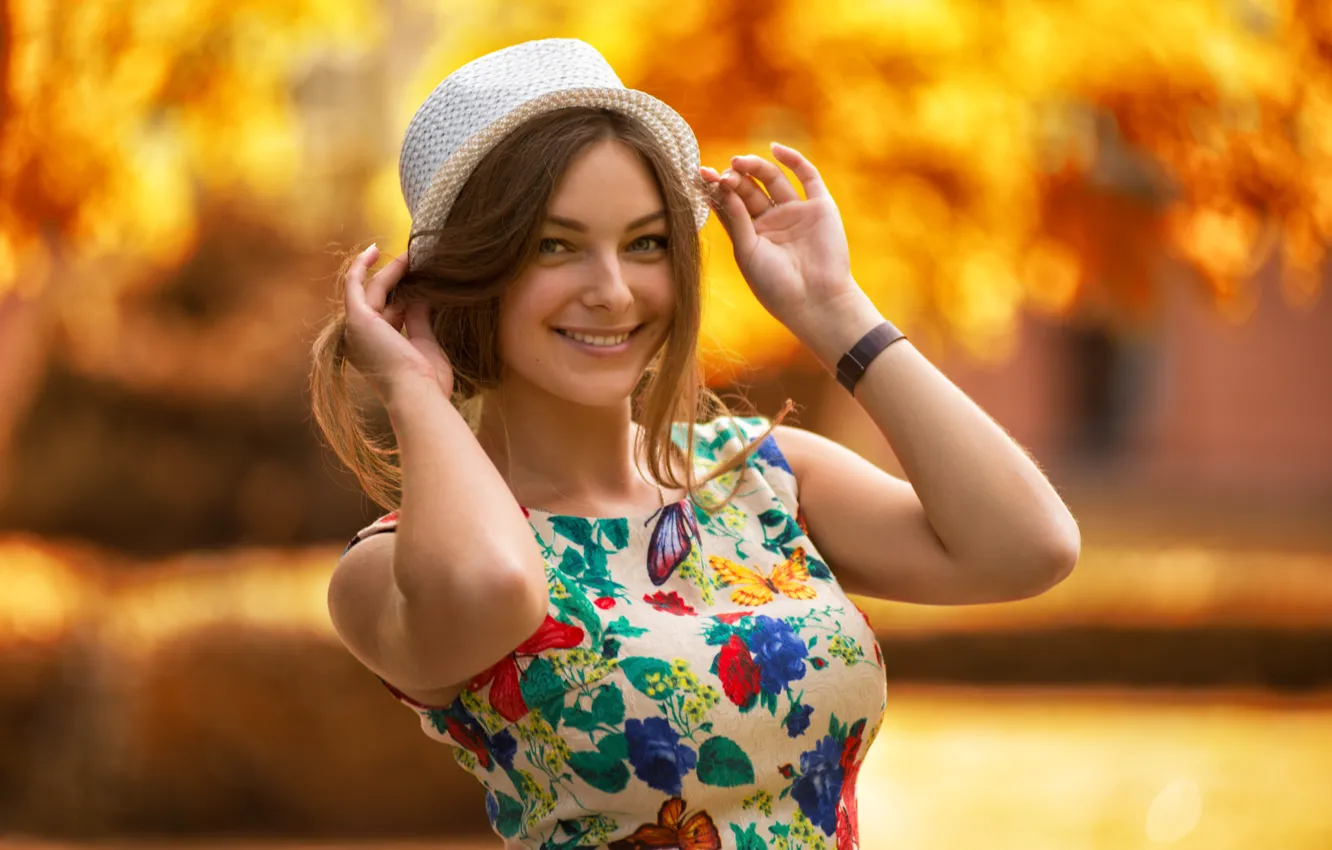 Photo wallpaper white, girl, smile, model, photographer, brown hair, hat, big Breasts