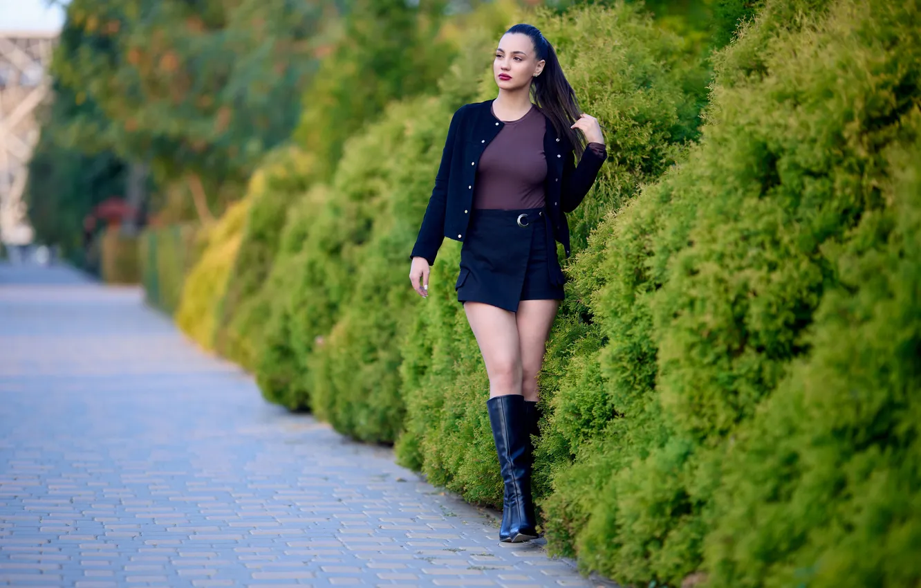 Photo wallpaper girl, skirt, boots, brunette, legs, jacket