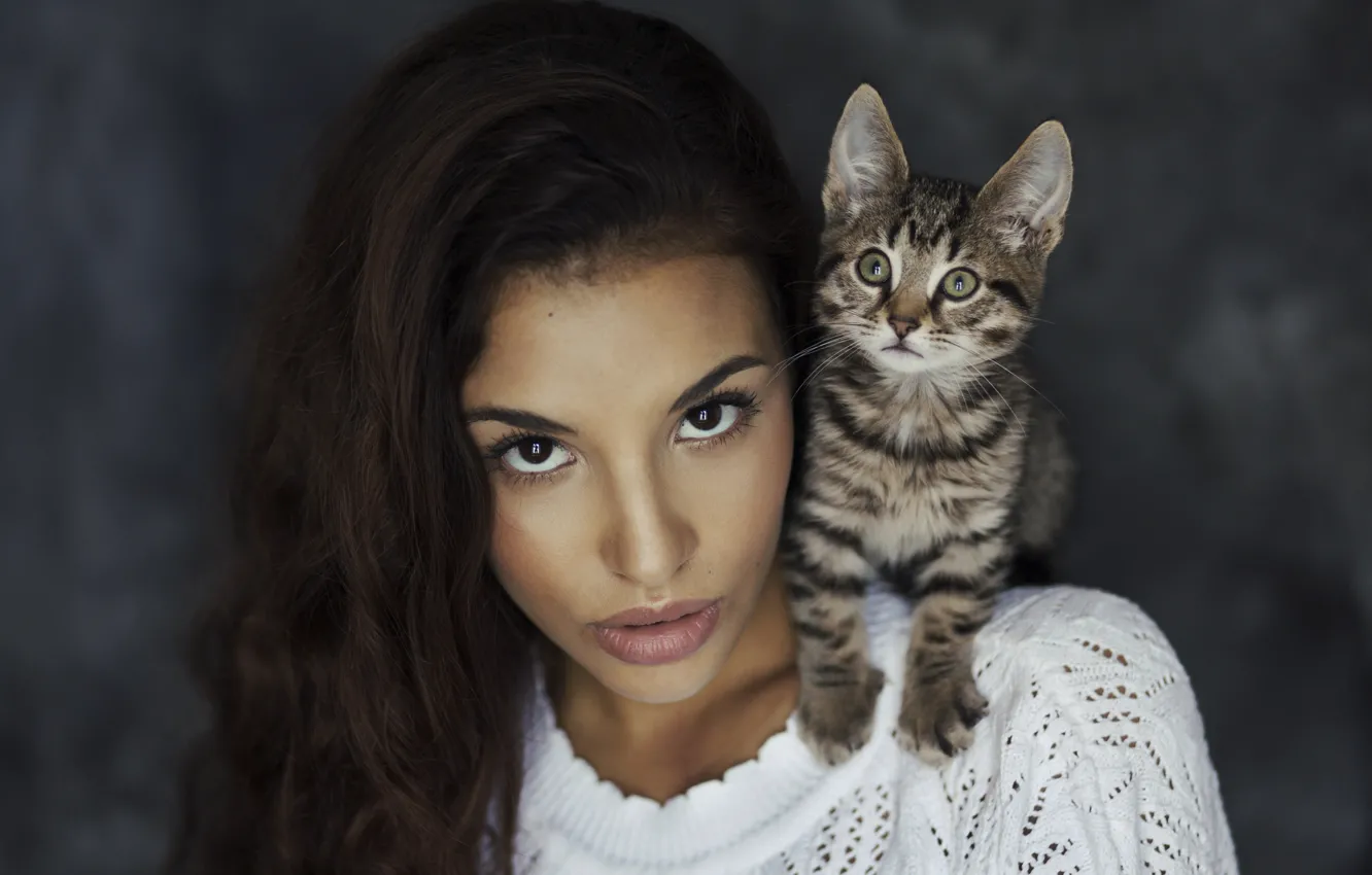 Photo wallpaper look, girl, face, kitty