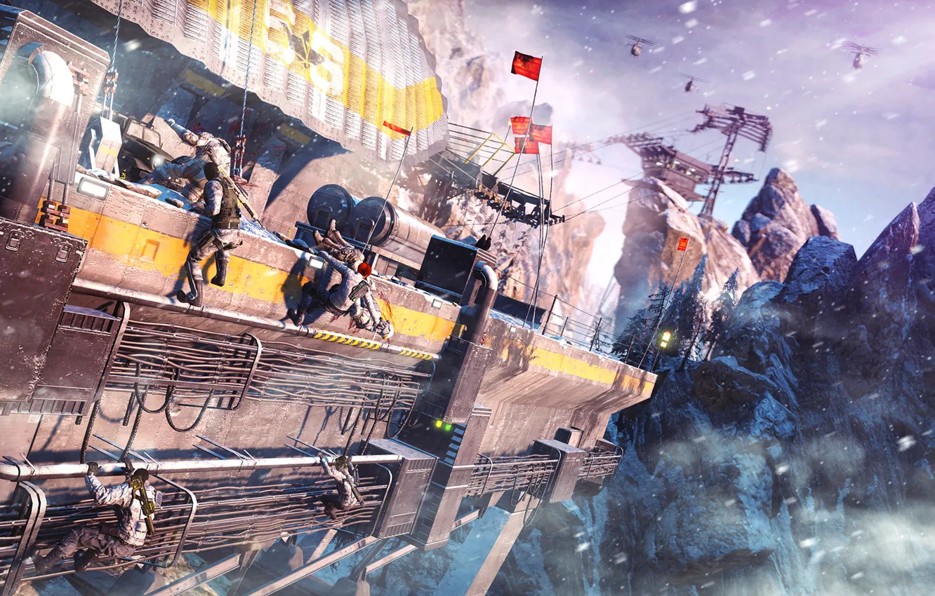 Photo wallpaper cold, snow, mountains, weapons, war, people, soldiers, helicopter