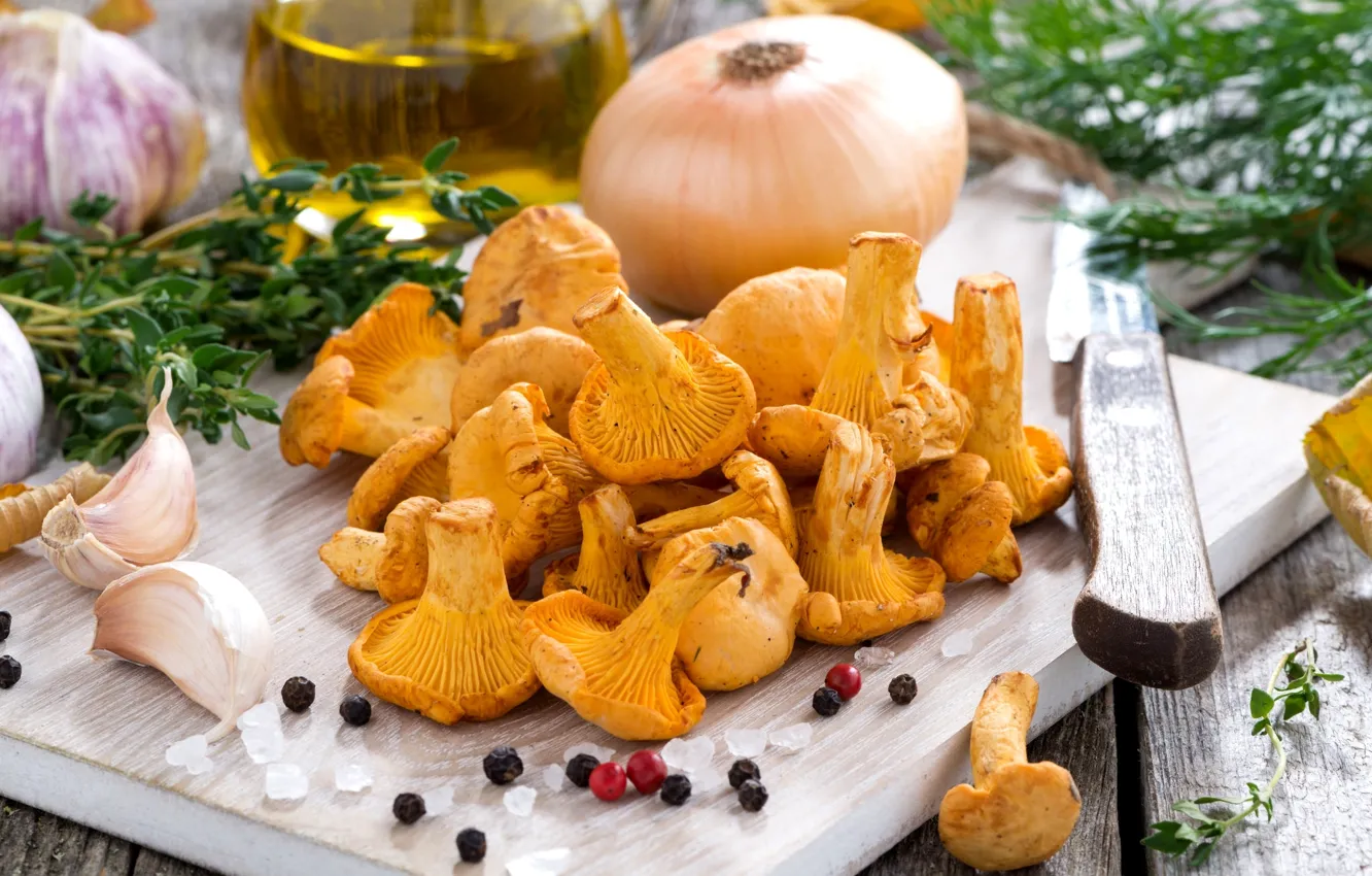 Photo wallpaper mushrooms, bow, dill, pepper, garlic, chanterelles, salt, thyme