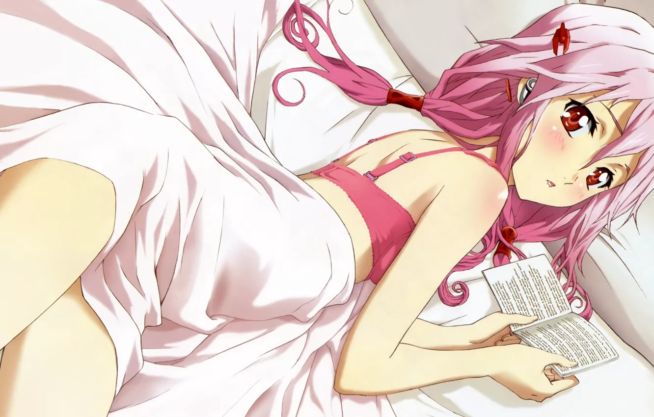 Photo wallpaper blanket, bed, lies, book, blush, art, pink hair, Inori Yuzuriha
