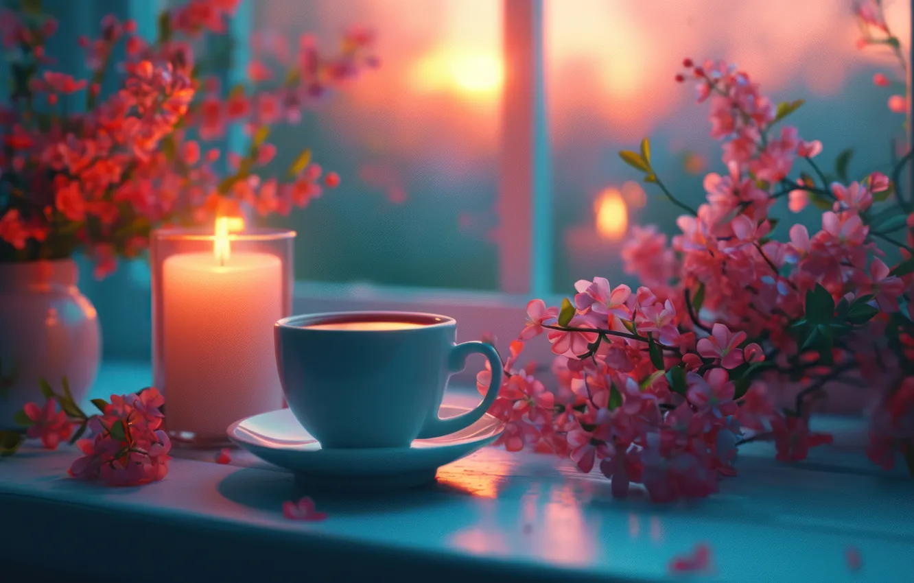 Photo wallpaper candles, flowers, mug, AI art, neural network