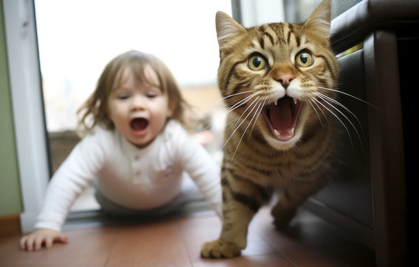 Photo wallpaper cat, cat, children, girl, two, digital art, AI art, The Art of Artificial Intelligence