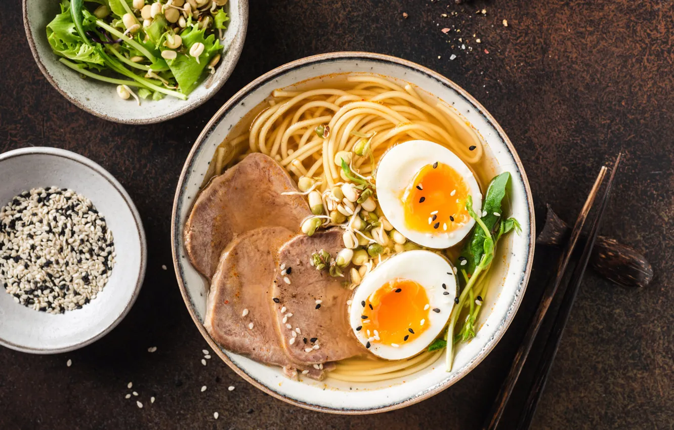 Photo wallpaper greens, table, eggs, meat, Broth, bowl, noodles, Ramen