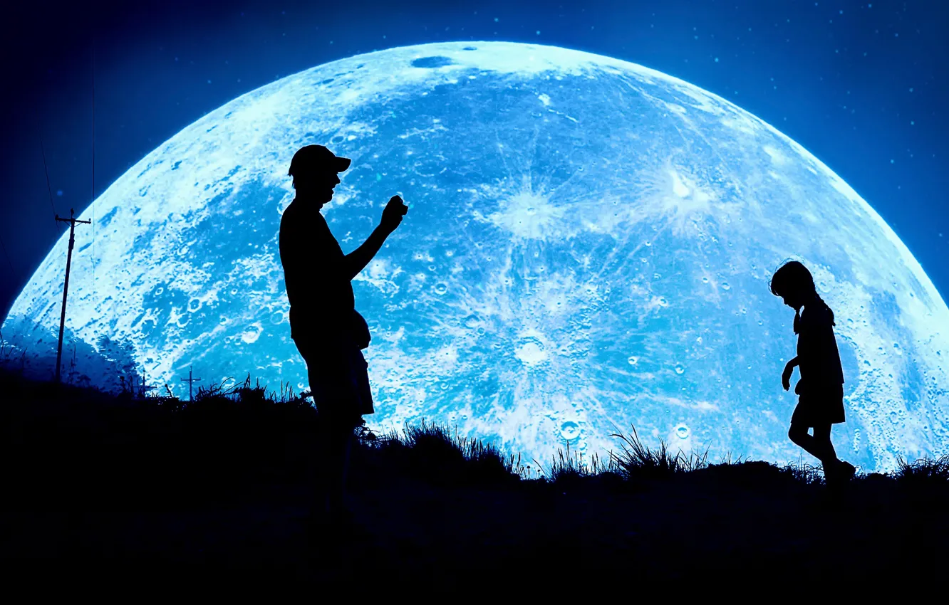 Photo wallpaper night, children, fantasy, the moon, silhouette, photographer, girl