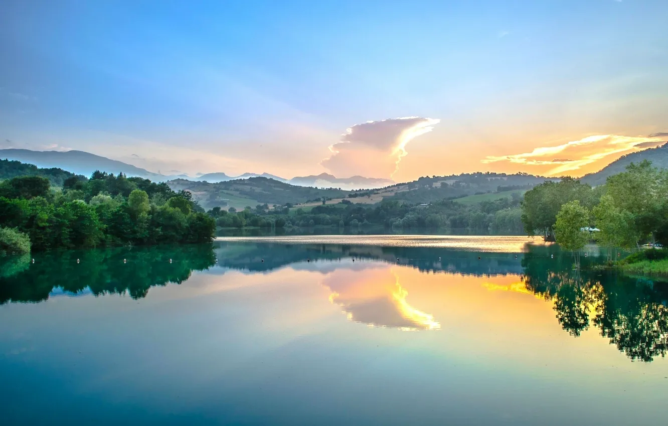 Photo wallpaper reflection, river, dawn, Italy, Italy, Marche, Marche