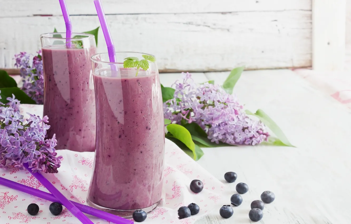 Photo wallpaper glass, blueberries, juice, drinks, two, lilac, tube