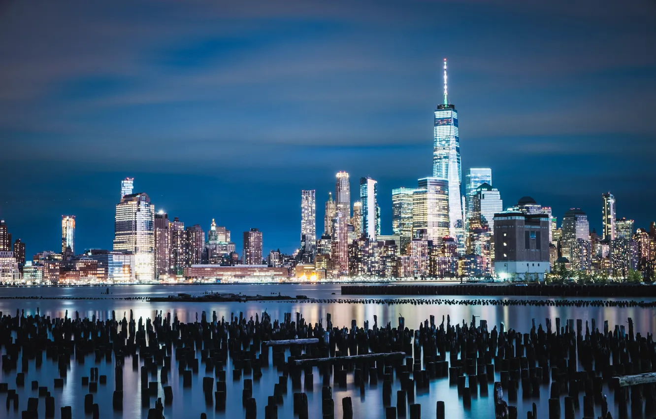 Photo wallpaper building, Bay, night city, skyscrapers, piles, state of new Jersey, Jersey City, Jersey City