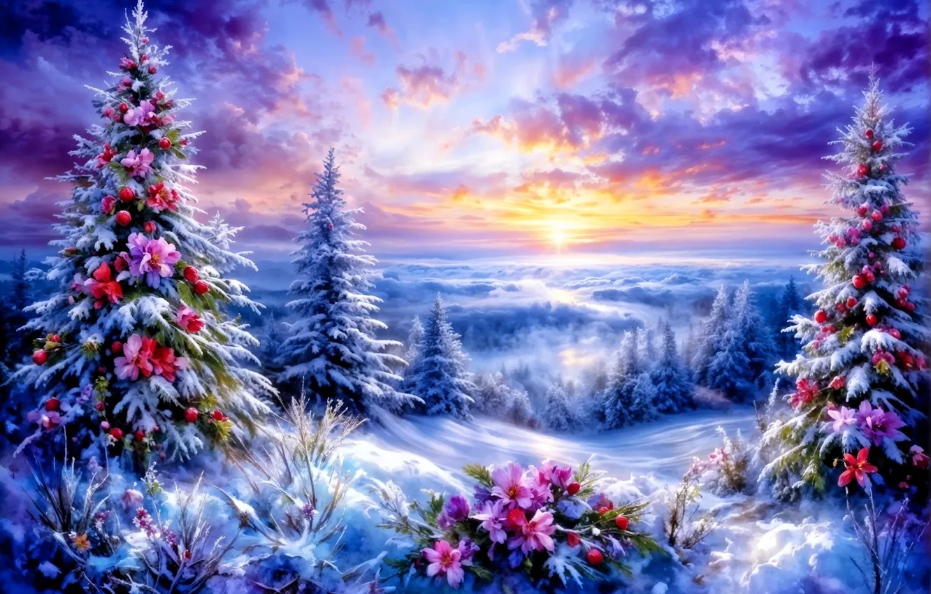Photo wallpaper forest, clouds, snow, decoration, flowers, tree, new year, valley
