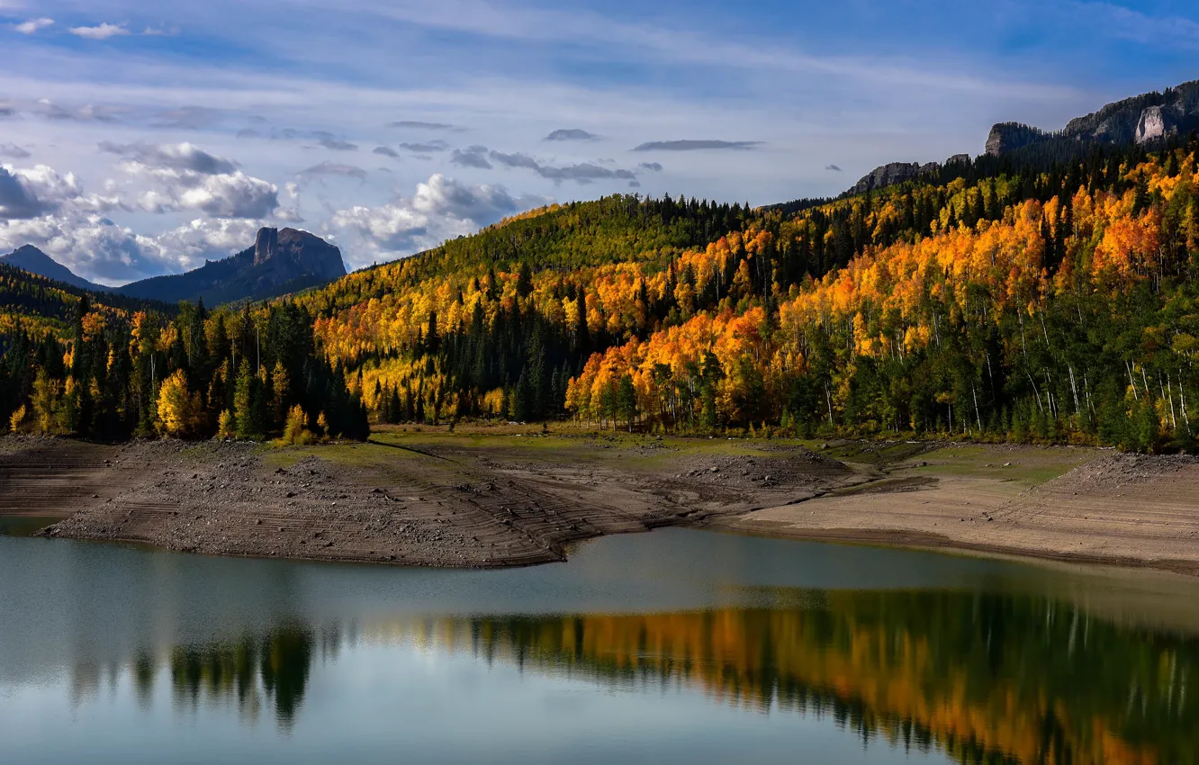 Photo wallpaper autumn, forest, clouds, mountains, reflection, blue, hills, shore